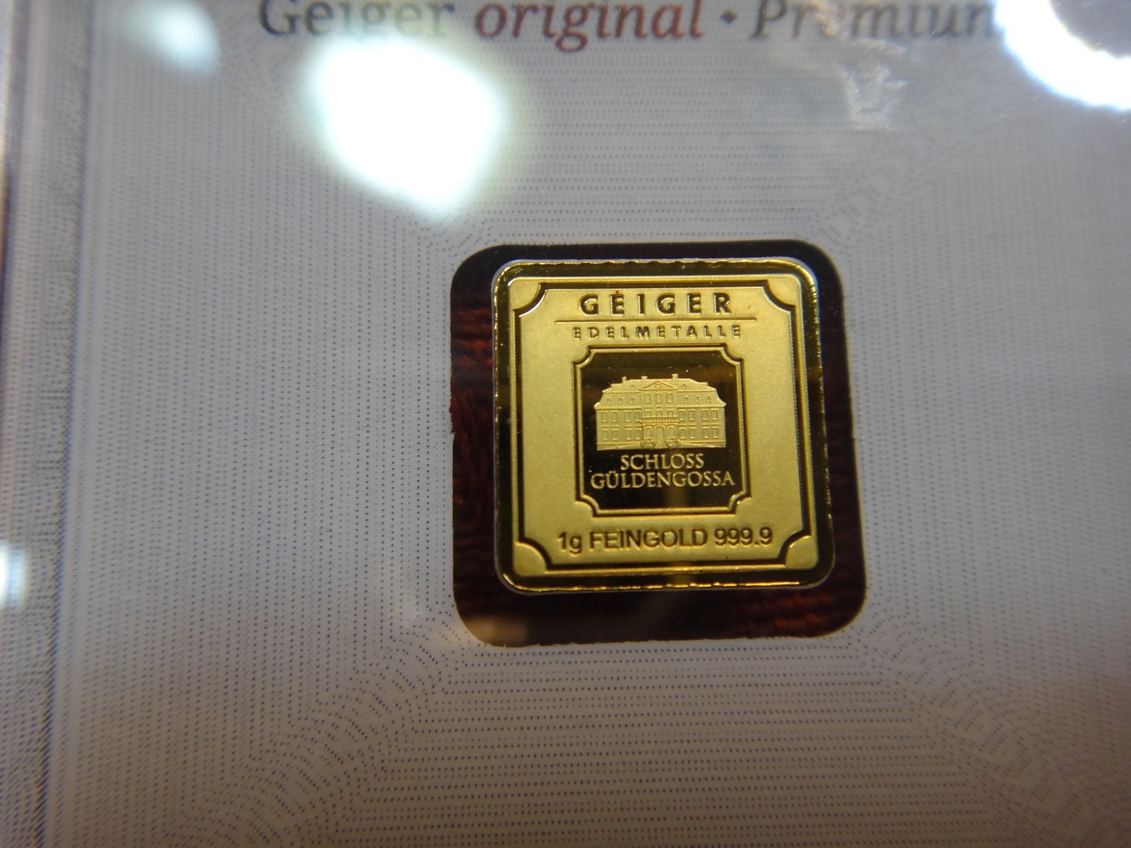 Geiger 1 Gram .9999 Gold Bar in Assay Made in Germany – Free S&H USA