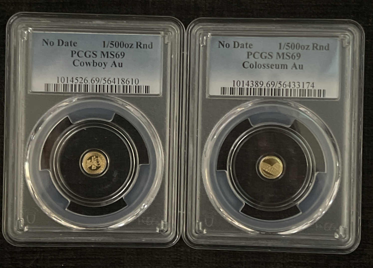 2 PCGS MS69 Gold Rounds No Date both are 1/500oz .9999 Precious Gold
