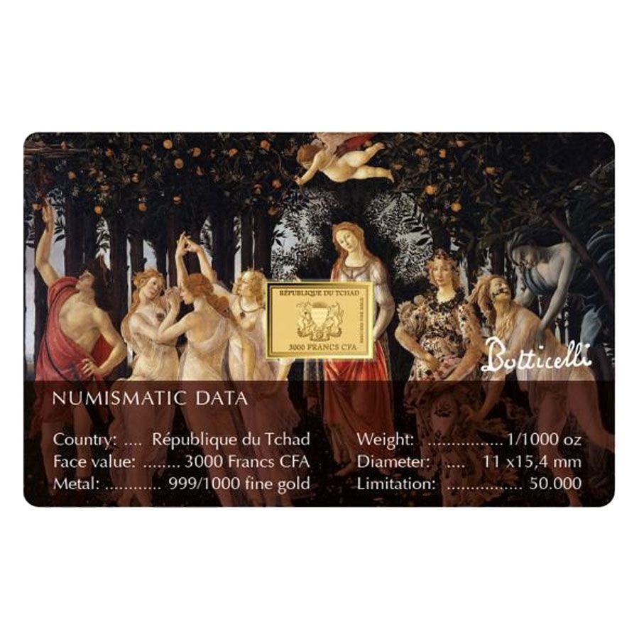 Botticelli Paintings Spring 1/1000 Oz Gold Coin 3000 Francs Chad 2024