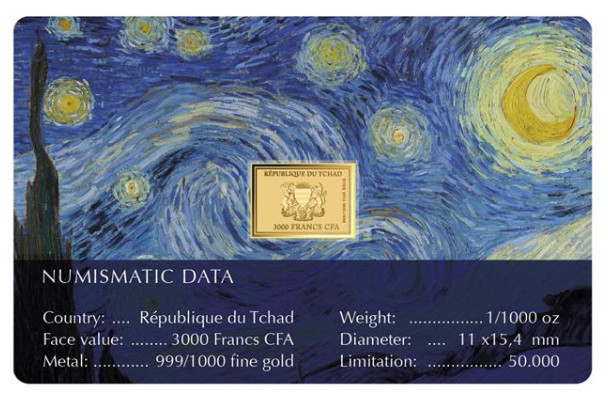 Vincent Van Gogh Starry Night 1/1000 Oz .999 Gold in Coin card