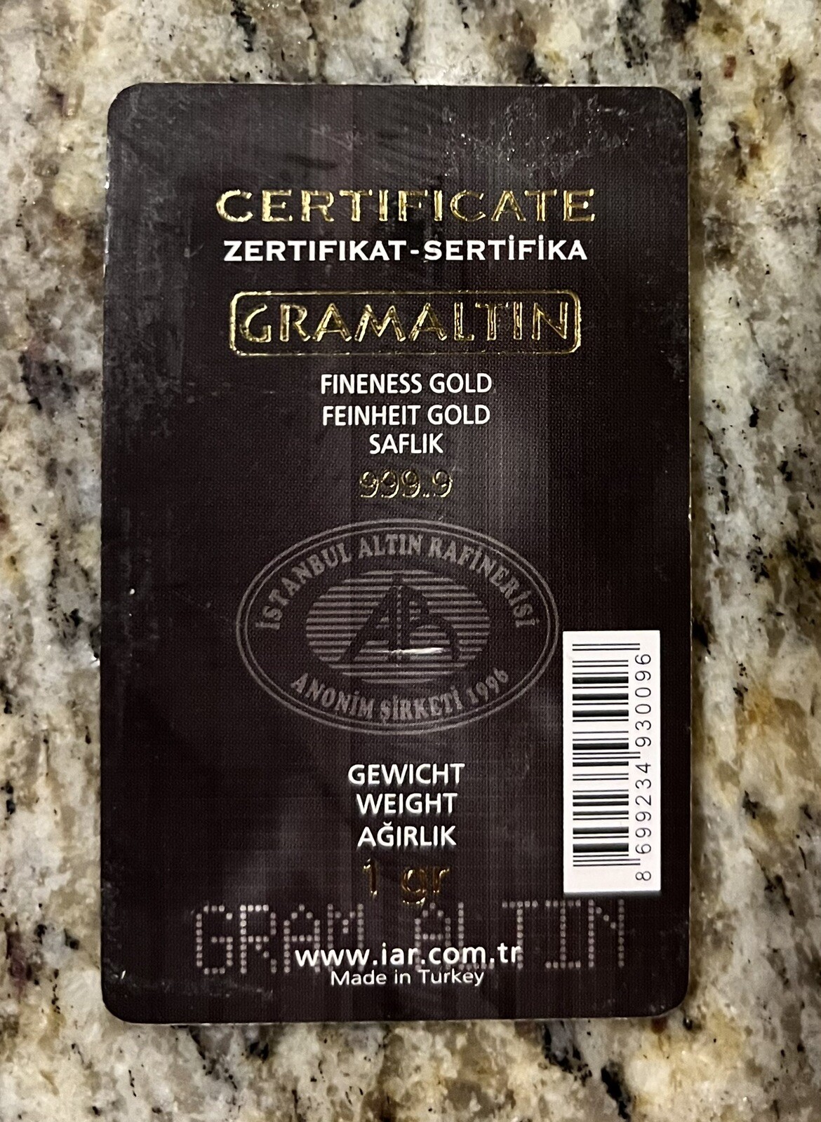 1 Gram Fine Gold / IAR-The Old Name of IGR – RARE 90’s “ISTANBUL ALTIN REFINERY”