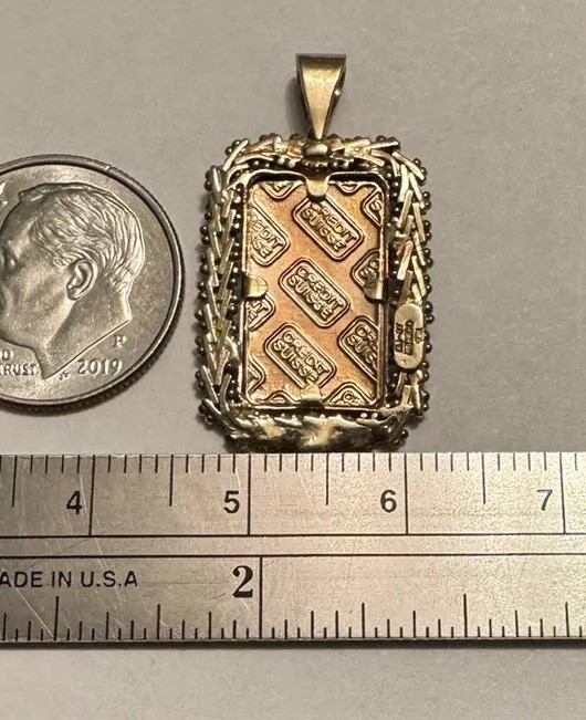 1 GRAM CREDIT SUISSE 999.9 GOLD BAR & 10K STAMPED MEXICO BEZEL PENDANT 3.2 GRAM