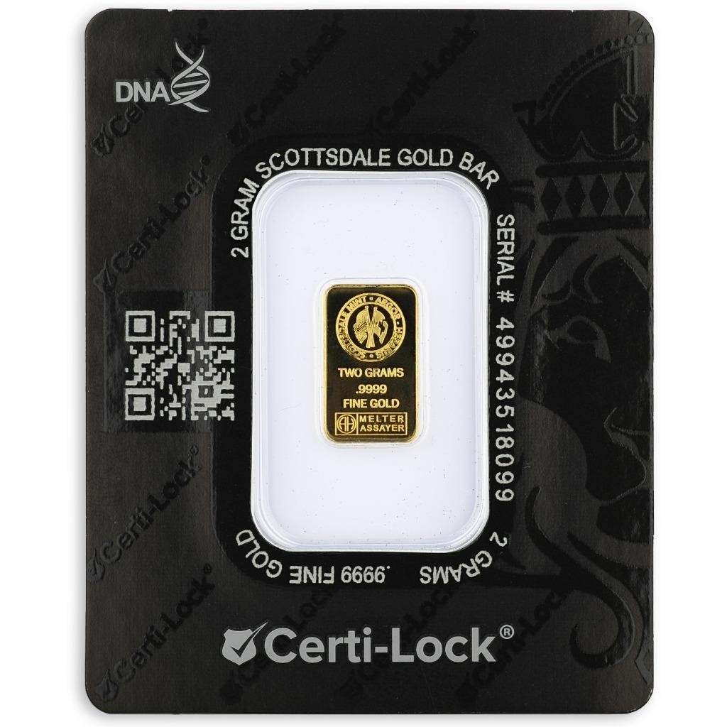 2 gram Scottsdale Mint .9999 Gold Bar – Sealed in Certi-Lock COA #A378