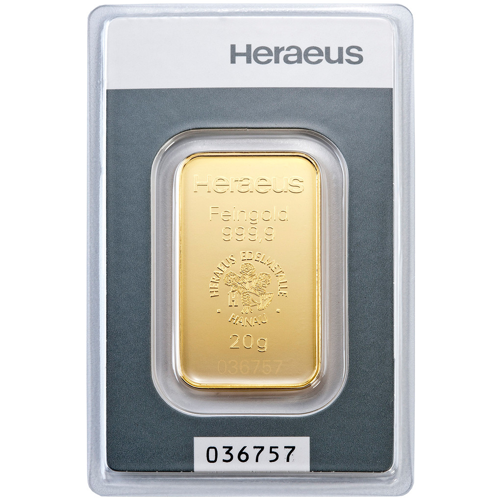 20 Gramm Goldbarren – 999,9 Gold – in Blisterkarte – Neuware – Heraeus