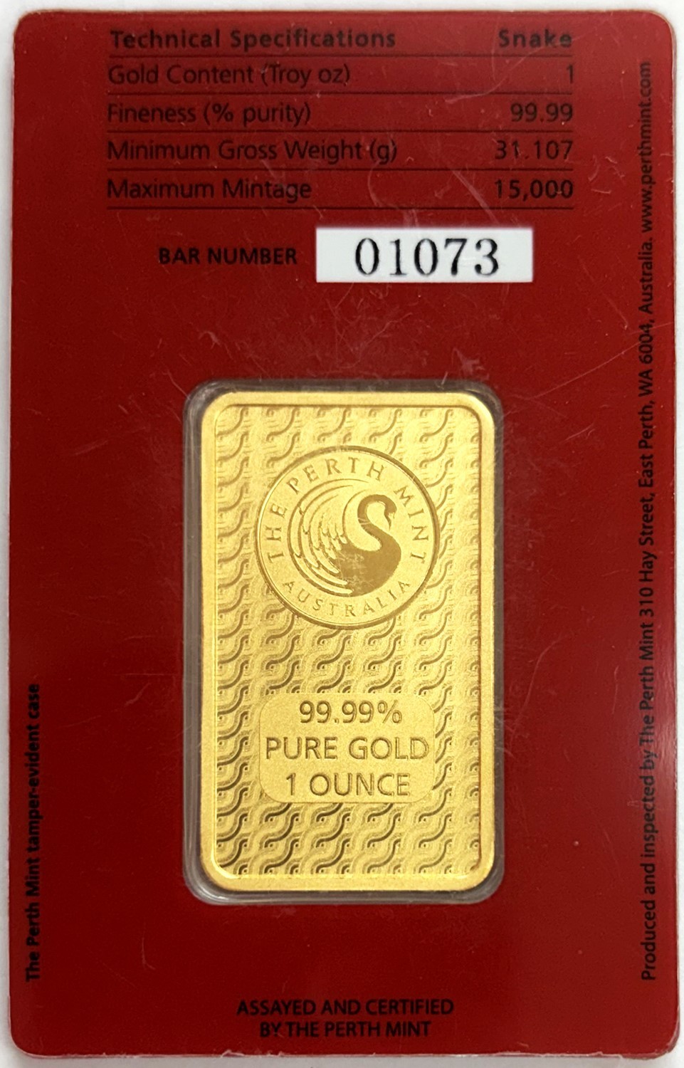 2025 GOLD 1 OZ LUNAR YEAR OF THE SNAKE SEALED BAR NEW W/ ASSAY CARD