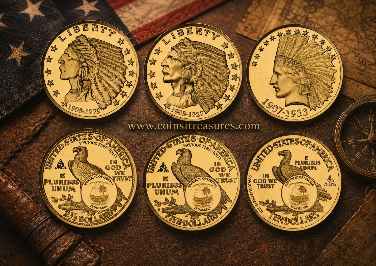 US Indian Chief Gold 3 Coin Set collection 1/1000 Gold .999