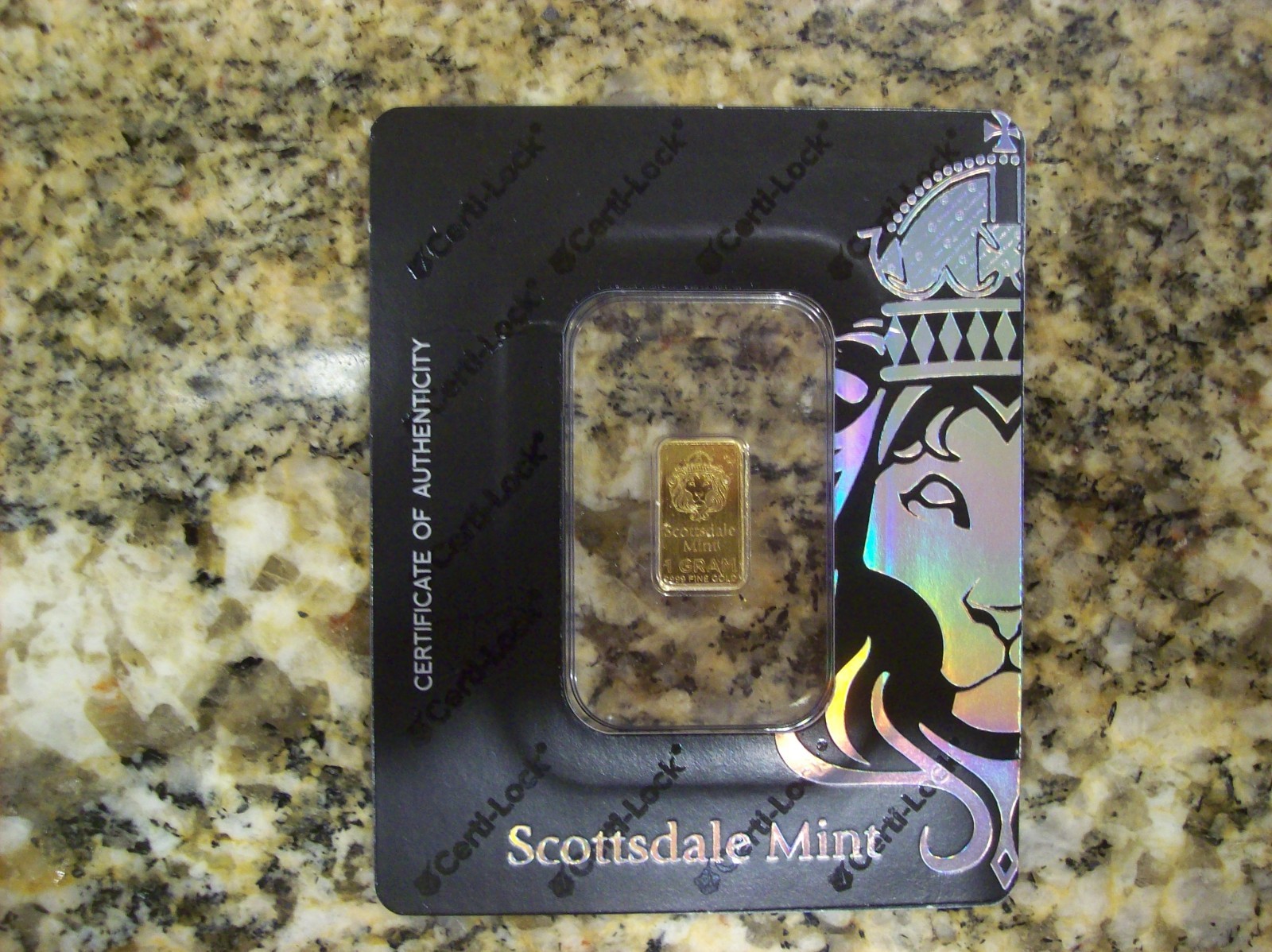 1 GRAM GOLD BAR .9999 FINE SCOTTSDALE MINT IN ASSAY CARD w/CERTI-LOCK
