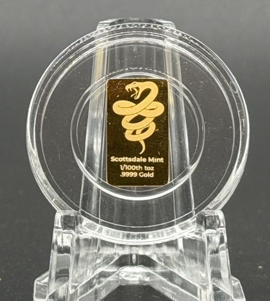 1/100 oz 0.9999 GOLD Bar by Scottsdale Mint – Fractional Gold *Striking Snake”