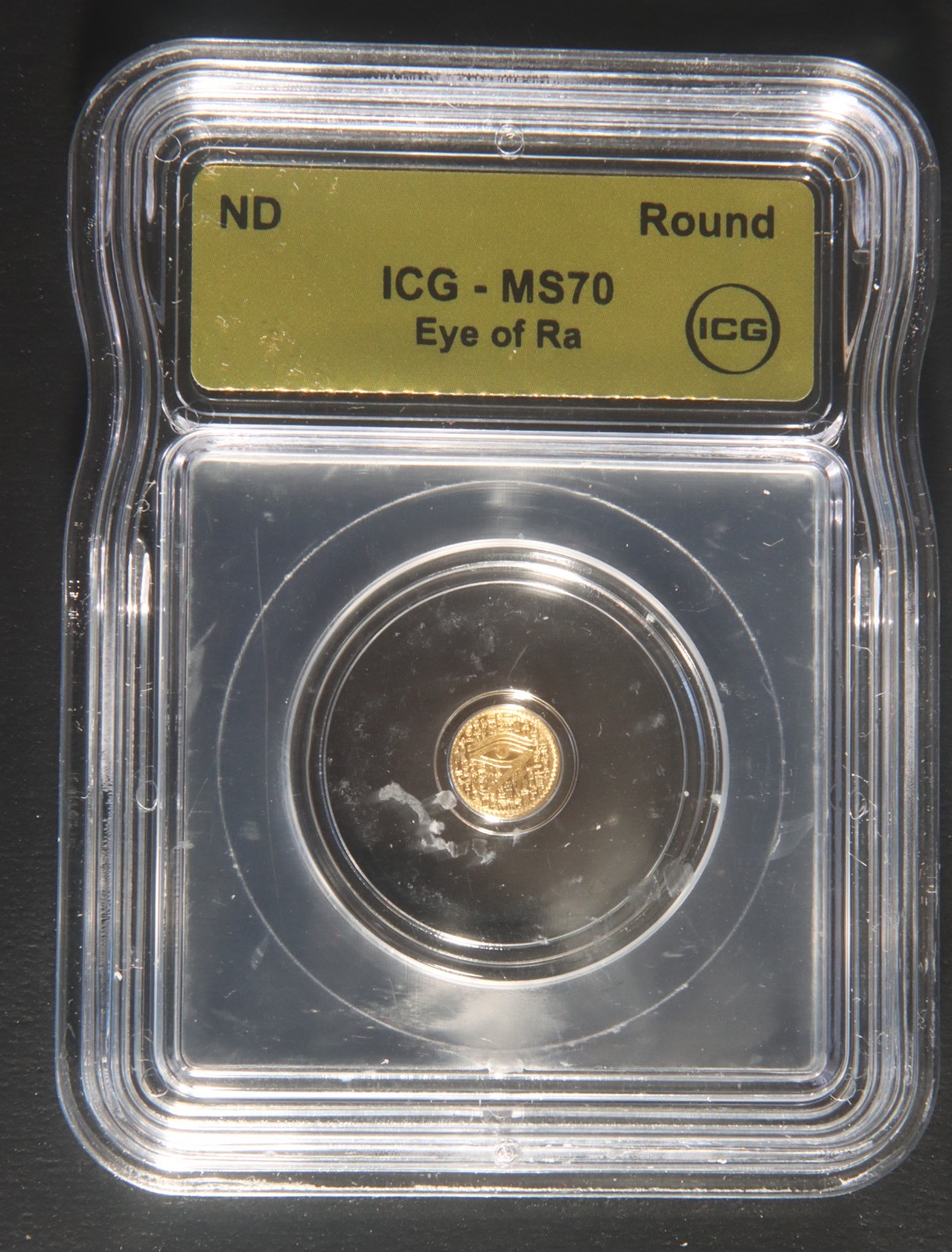 ND EYE OF RA 1/500 oz .9999 Gold ICG MS70 Lot 160854