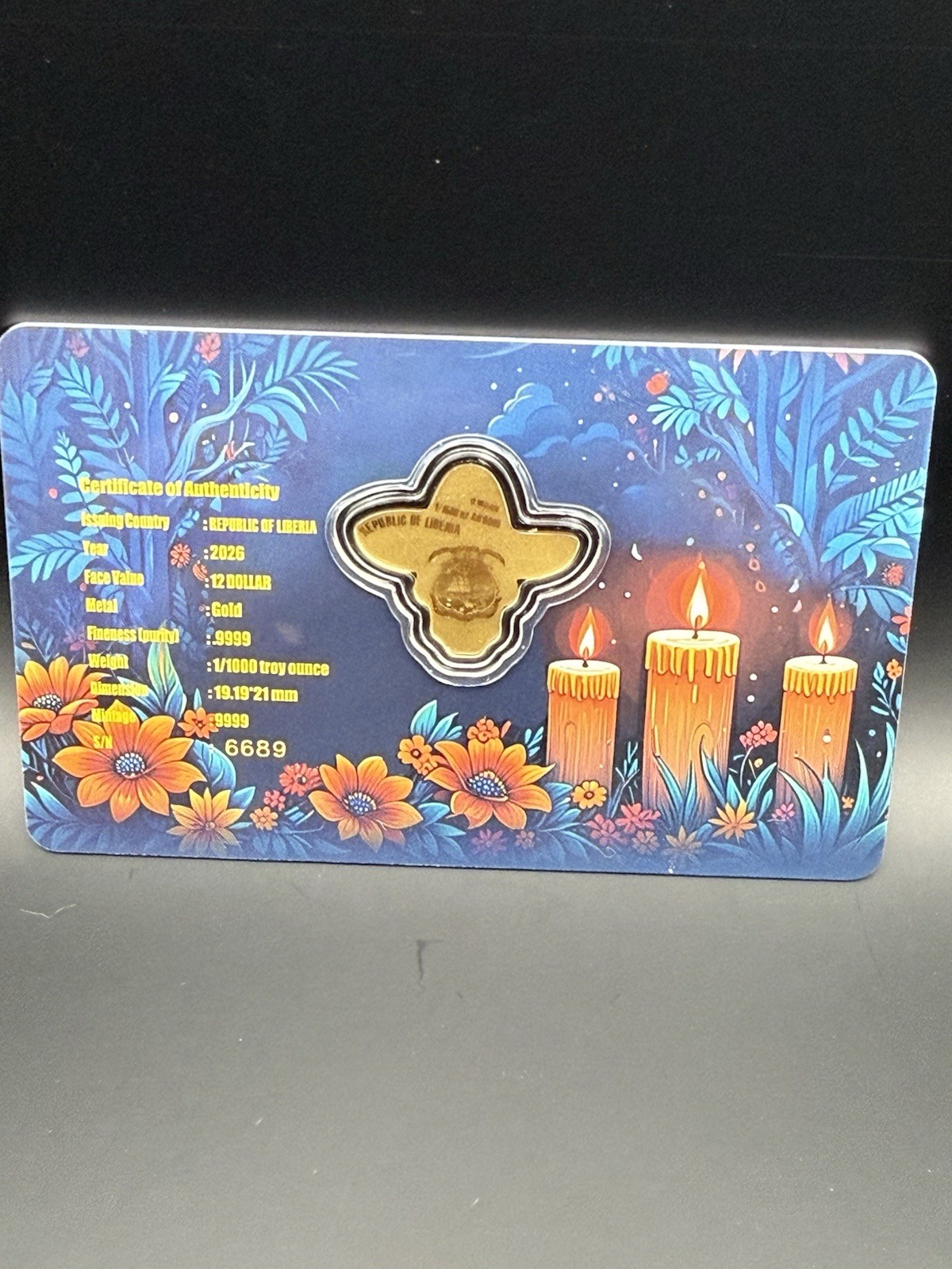 2026 Liberia 1/1000th Gold Carded Dia De Los Muertos Special Shaped with Capsule