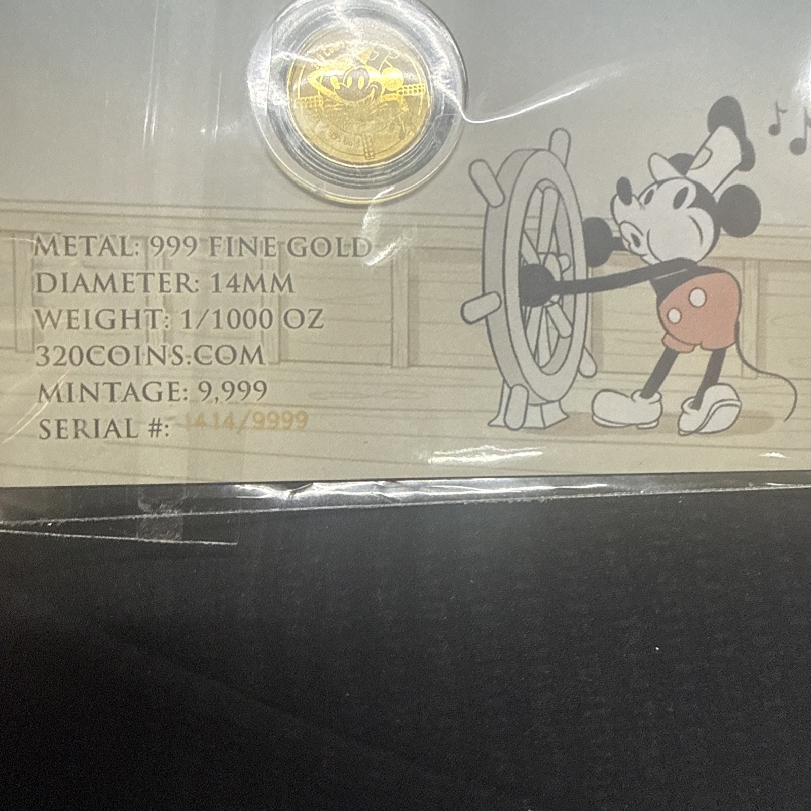Steamboat Willie Mickey Mouse Gold 1/1000 oz 999 Fine Round in Card –