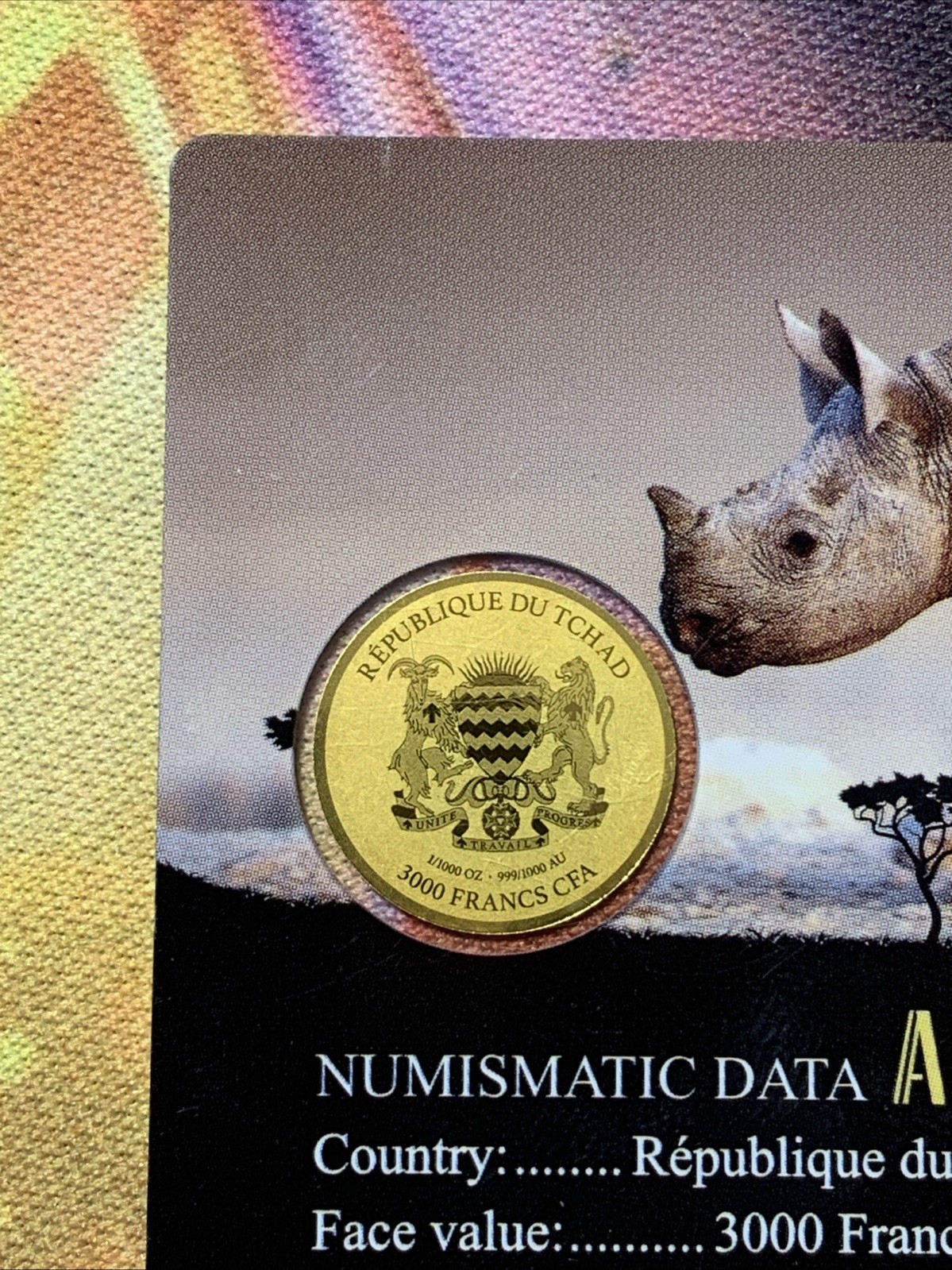 GOLD 1/1000TH Oz .999 FINE Round AFRICAN RHINO TCHAD COIN Pure 24kt 3000 Francs