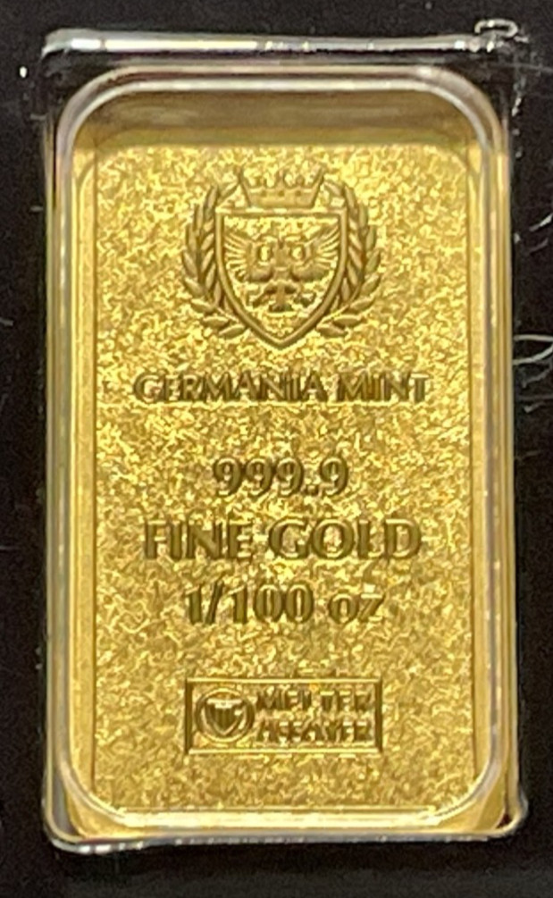 Germania Mint 1/100 oz Gold Bar in Plastic Capsule