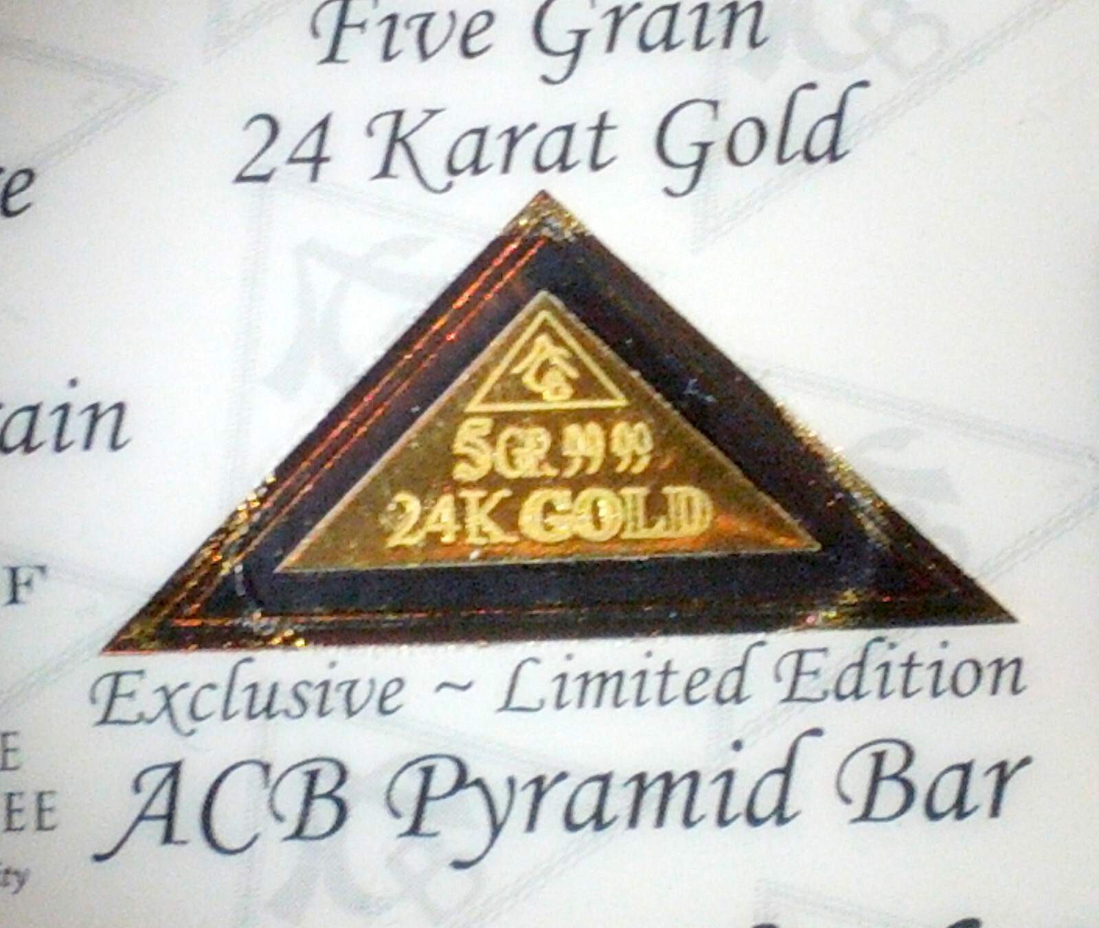 GOLD ACB PYRAMID 5GRAIN 24K SOLID BULLION ~ BAR 9999 FINE With COA