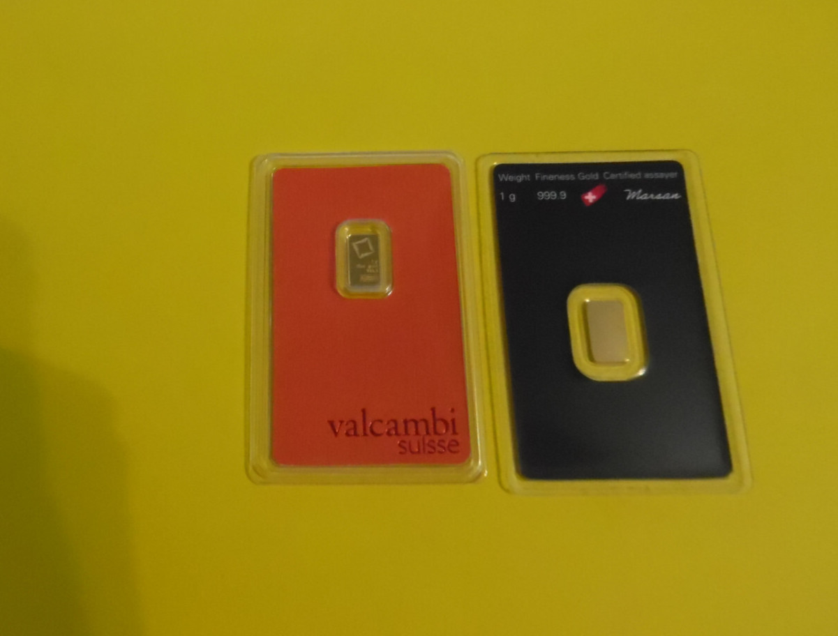 2 Gold Bars 1 Gram Each 999.9 Fine Valcambi and Argor Heraeus Sealed Assay Shown