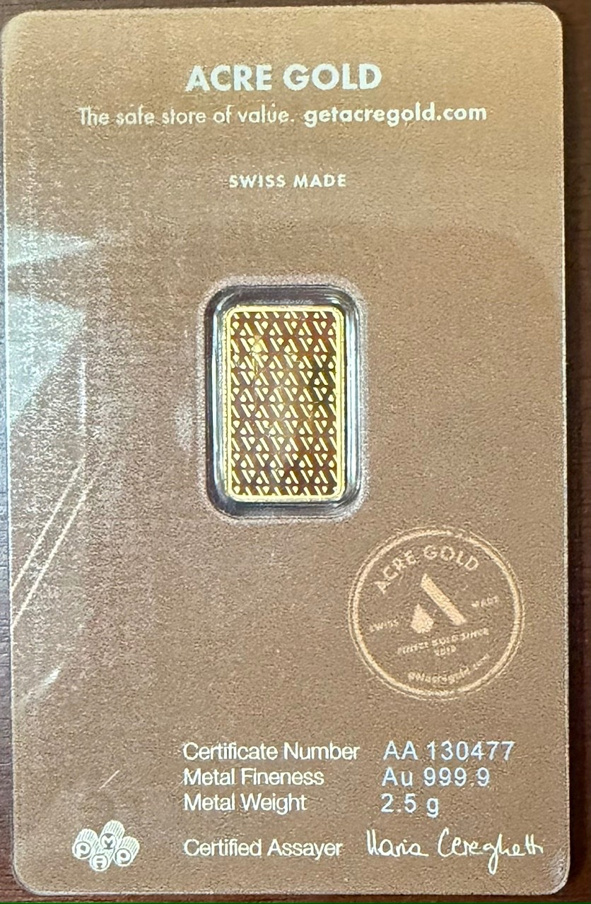 2.5G .999 Gold Acre Bar in Assay