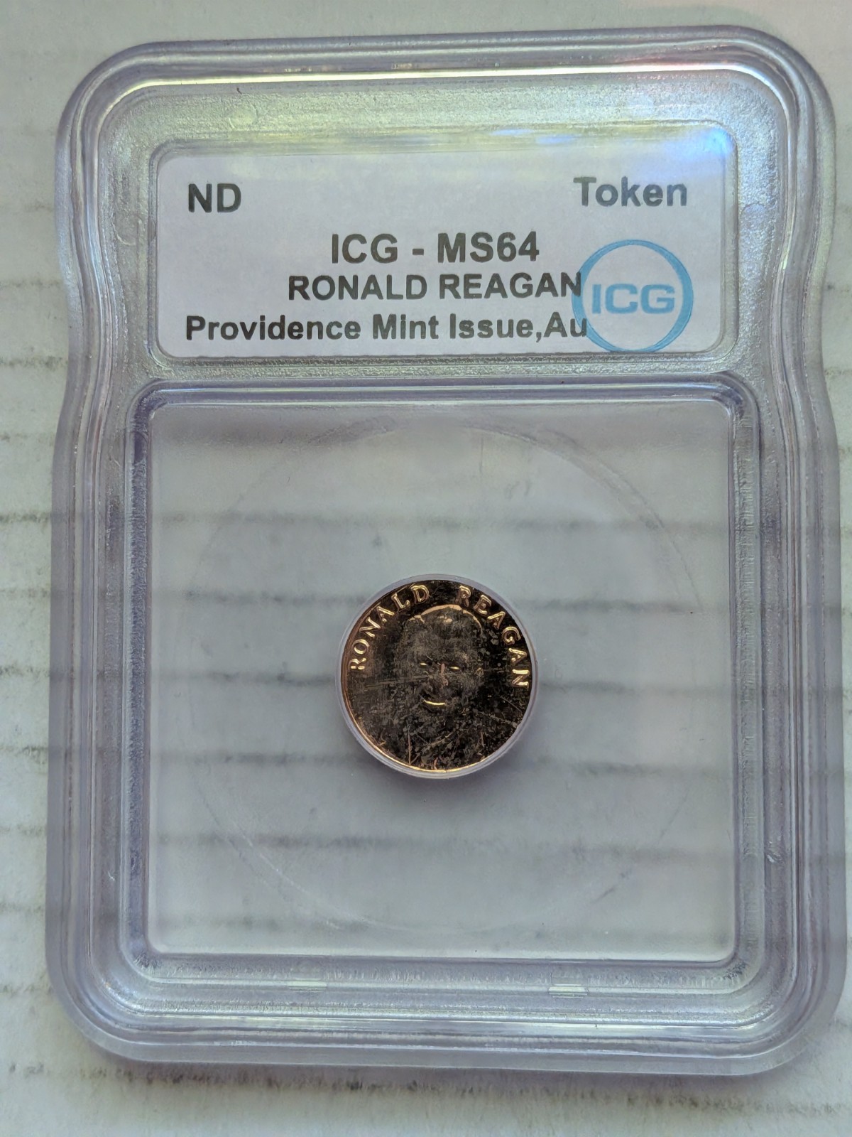 ND Ronald Reagan Token 14K 58.3% Gold Providence Mint ICG MS64 0.019oz AGW