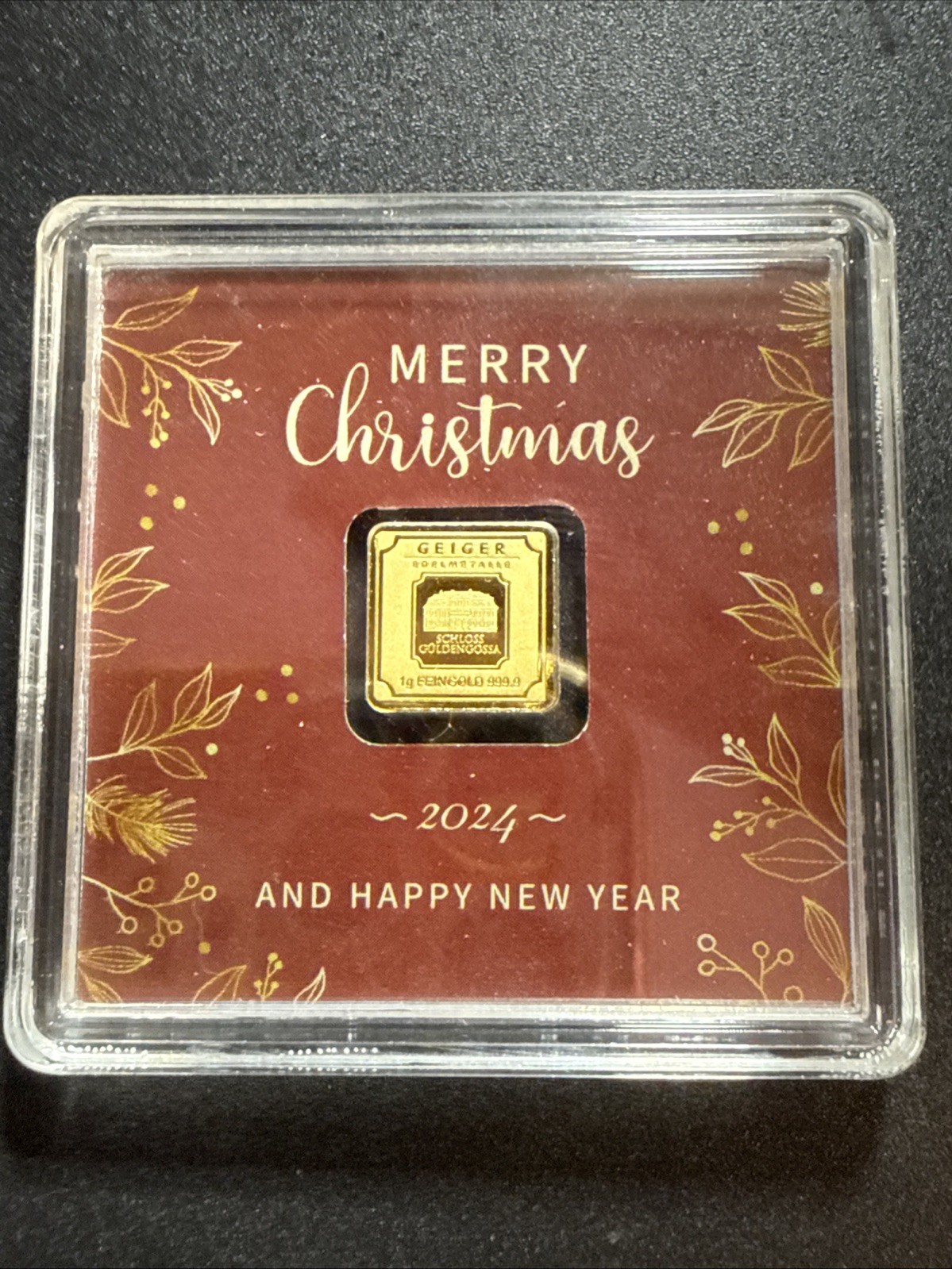Merry Christmas Geiger In Assay-1 Gram Gold Bar (Only 1,000 Mintage) 999.9 Fine