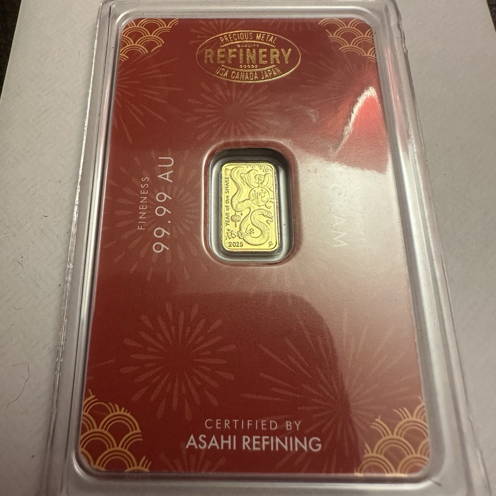 2025 Asahi 1g Gram Gold Lunar Year of the Snake Bar in Assay .9999 Fine