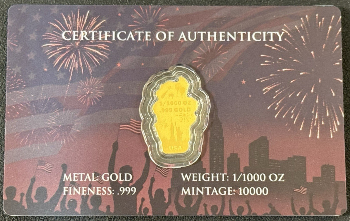 1/1000th Oz .9999 Gold USA 250th Year Anniversary Happy New Year Gold Foil Bar!