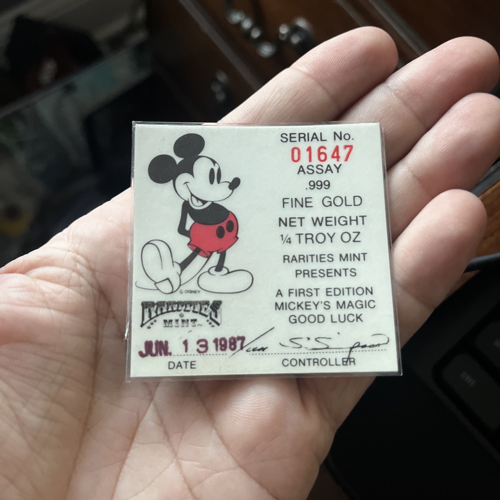 1987 Rarities Mint Mickey Mouse FIRST EDITION 1/4 Troy Ounce .999 Fine Gold