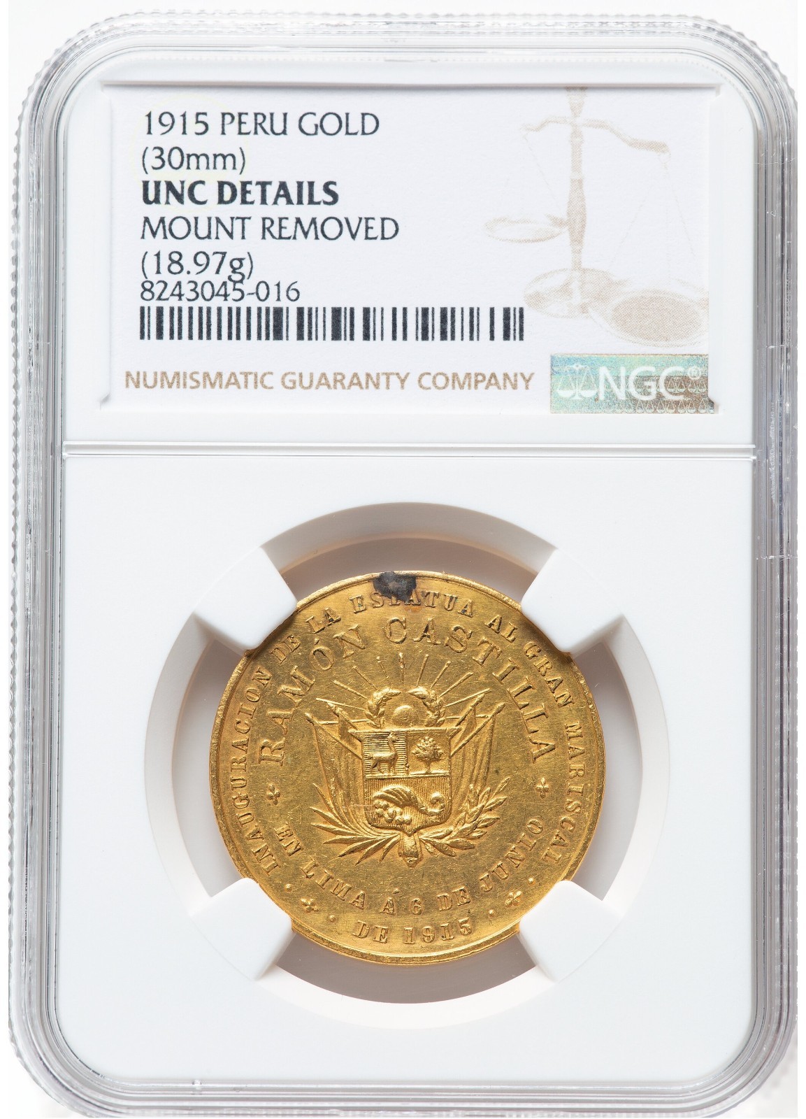 Peru Republic Gold 6 Escudos Medal 1915 NGC UNC Ramon Castilla Statue 22k 18.97g
