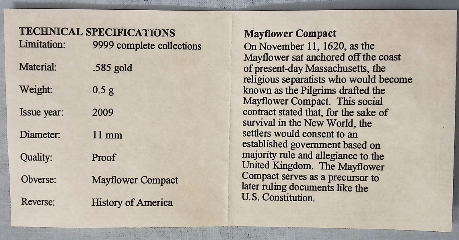 2009 American Mint Birth of Our Nation in Gold Mayflower 585 Gold 14k 0.5 Grams