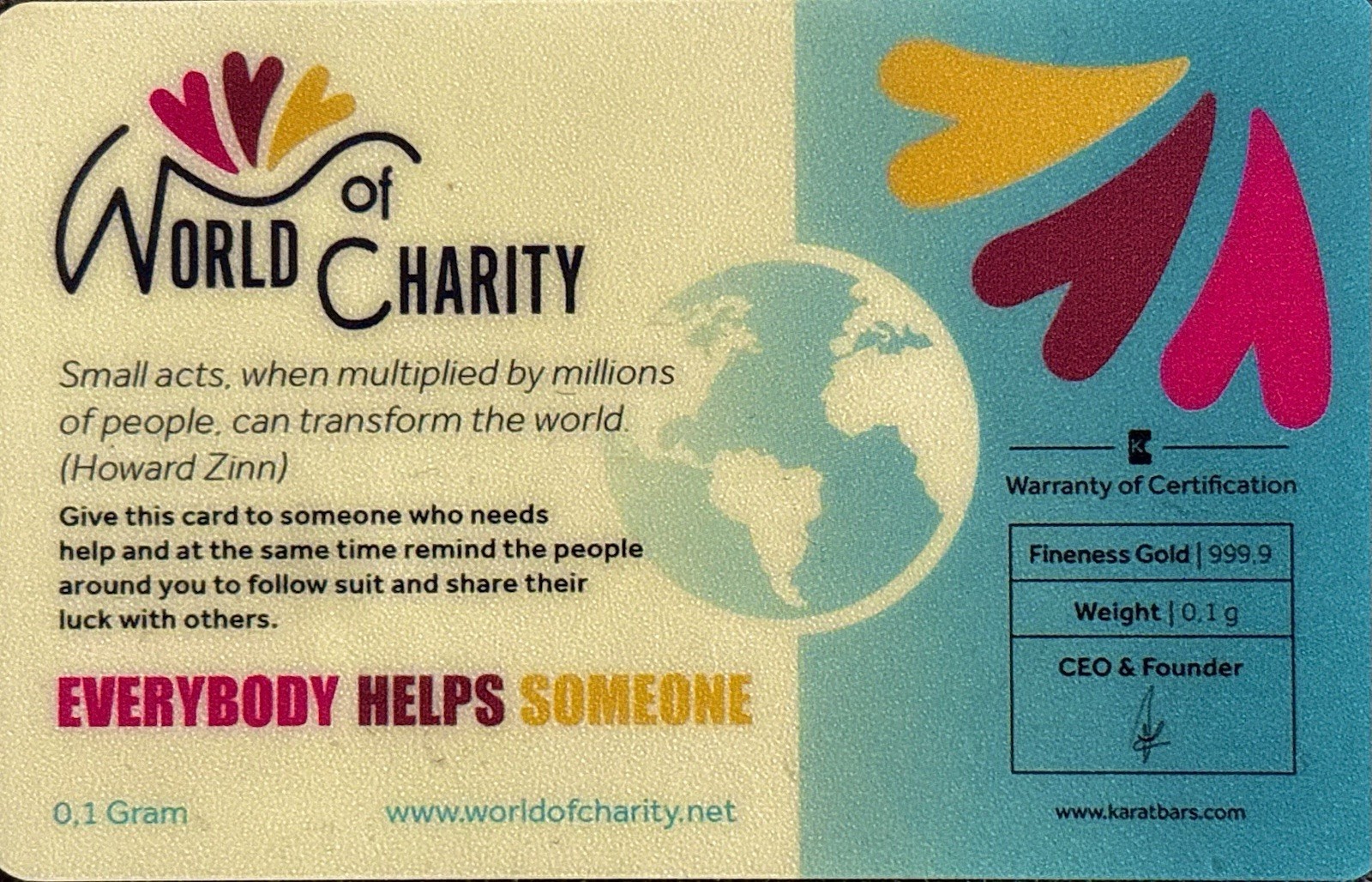 Karatbars World of Charity Gold Card 0.1g .9999 Fine Gold Bar