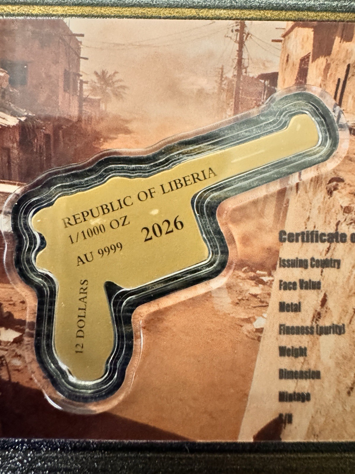 2026 Mauser C96 Pistol Shaped 1/1000 oz .9999 Gold Coin Note Liberia