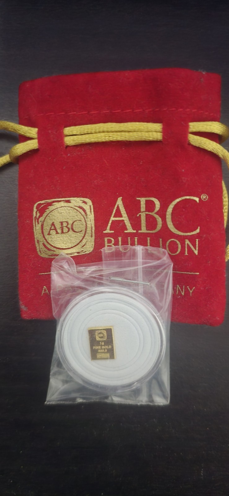 1 gram 999.9 Solid Gold ABC Bullion Minted Tablet Certified Investor Ingot Bar