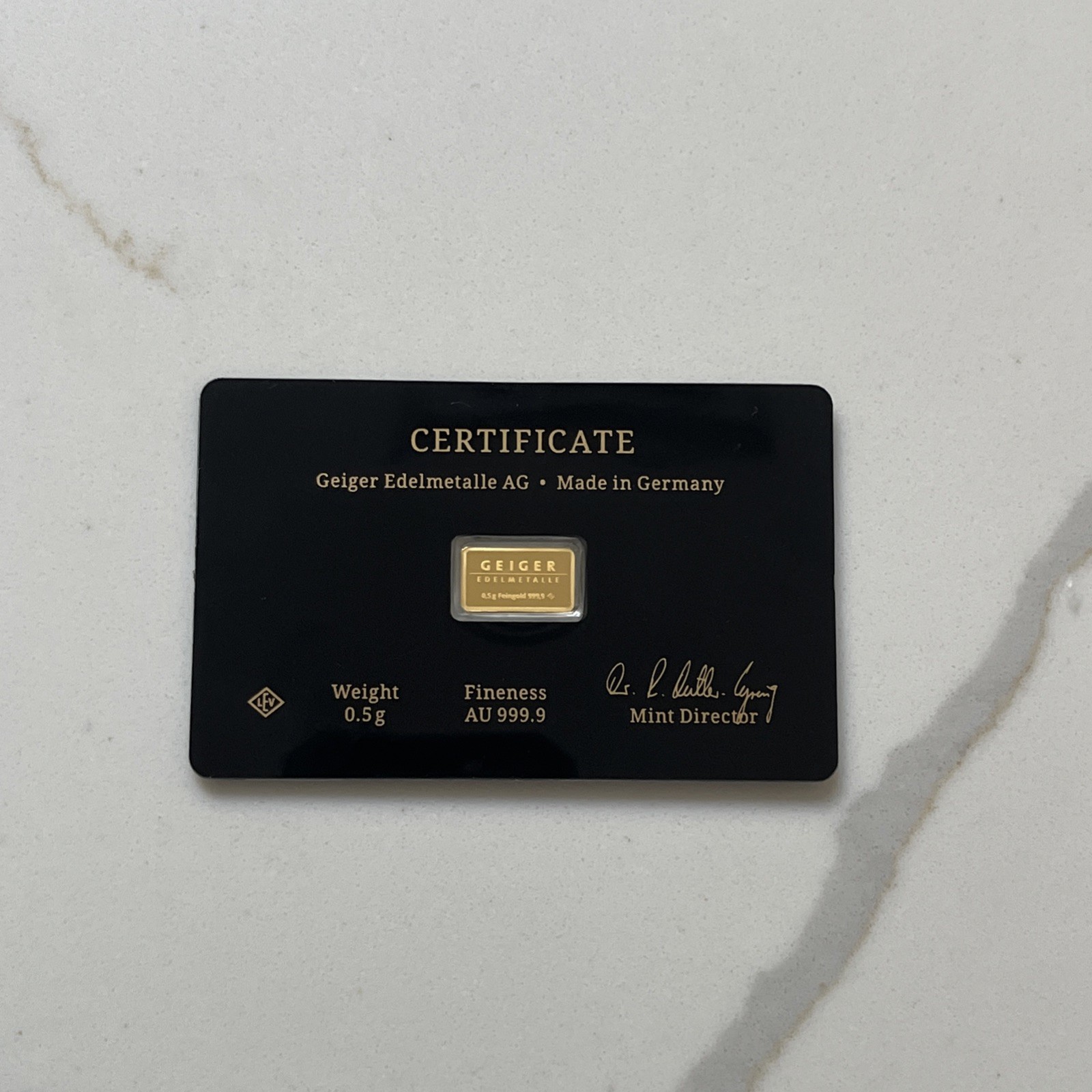 Geiger Schloss Guldengossa Vintage Edition Carded Gold Bar .5 Gram .999 Fine