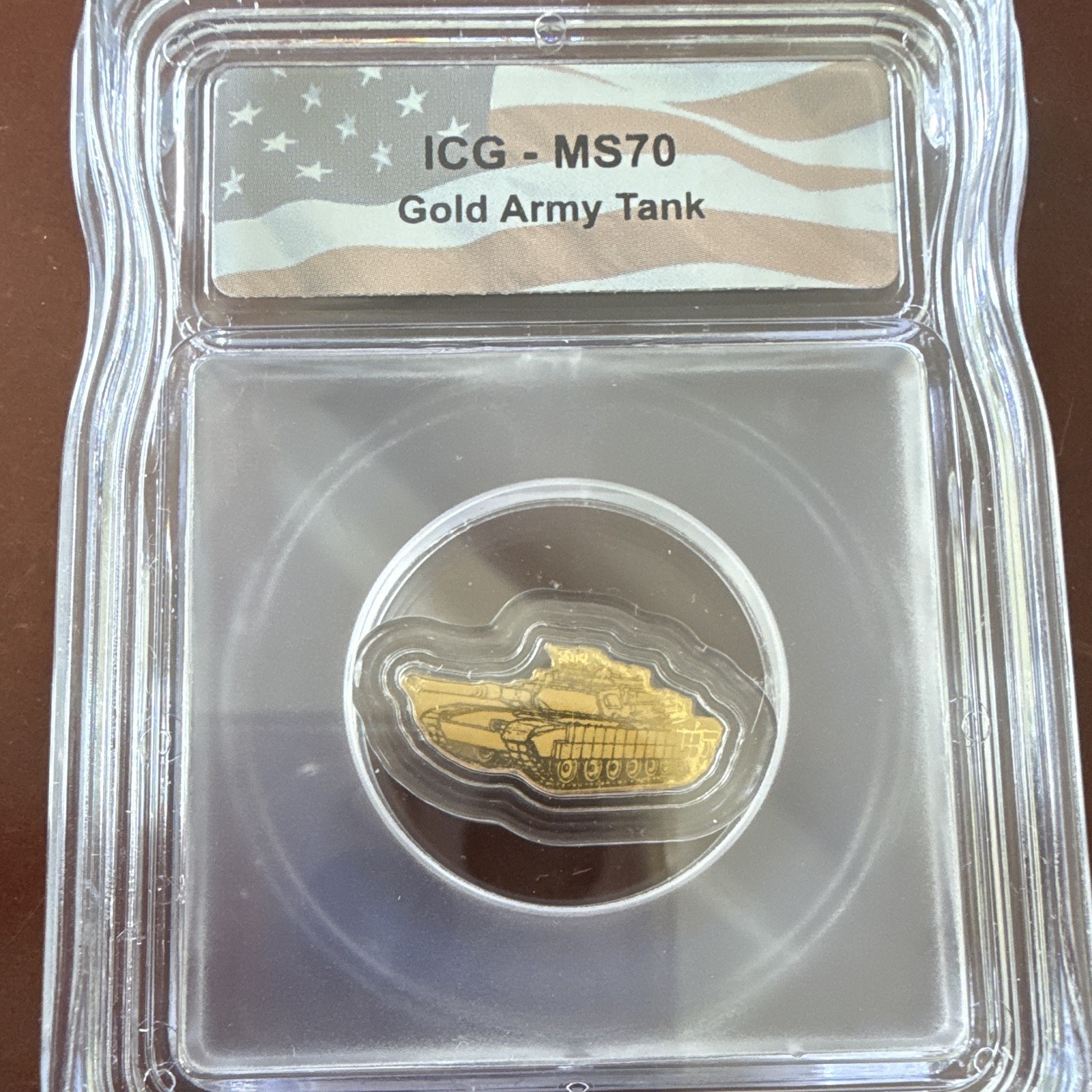 ICG MS70 Gold Army Tank Shaped Bullion 1/1000 oz Total Gold Content