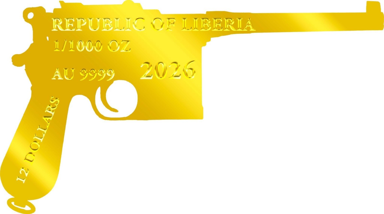 2026 Liberia Mauser C96 Shaped 1/1000 oz Gold Coin in Card (9,999 Mintage)