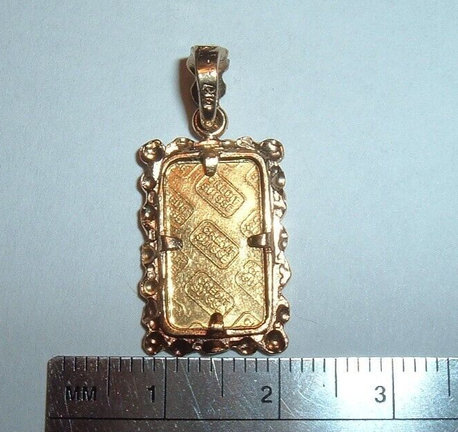 24K GOLD Credit Suisse 999.9 FINE INGOT BAR 14K NUGGET BEZEL PENDANT CHAIN 3.4g