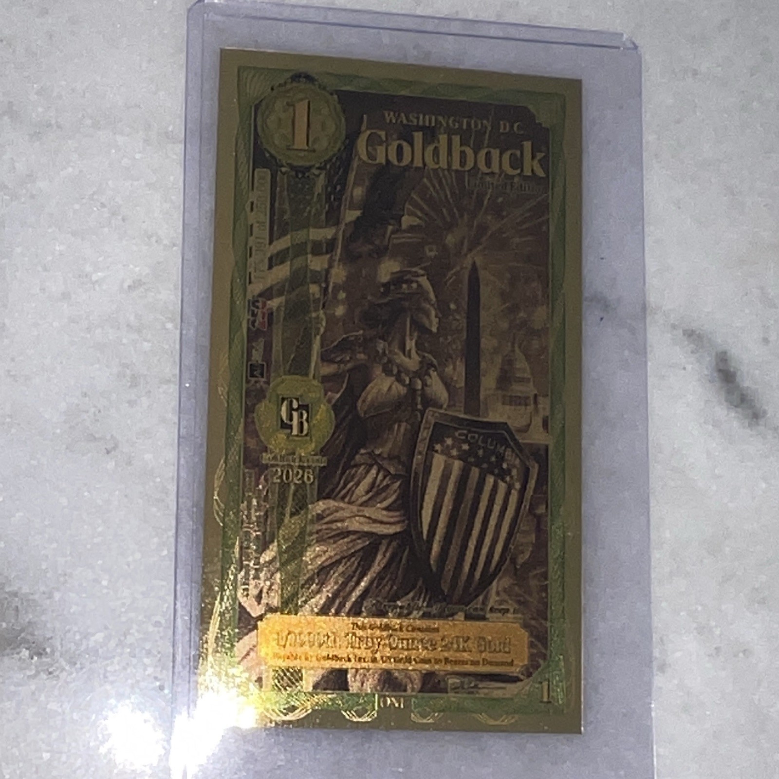 2026 Washington D.C. 1 Goldback 1/1000 oz .999 24K Gold Foil Note Limited Ed.