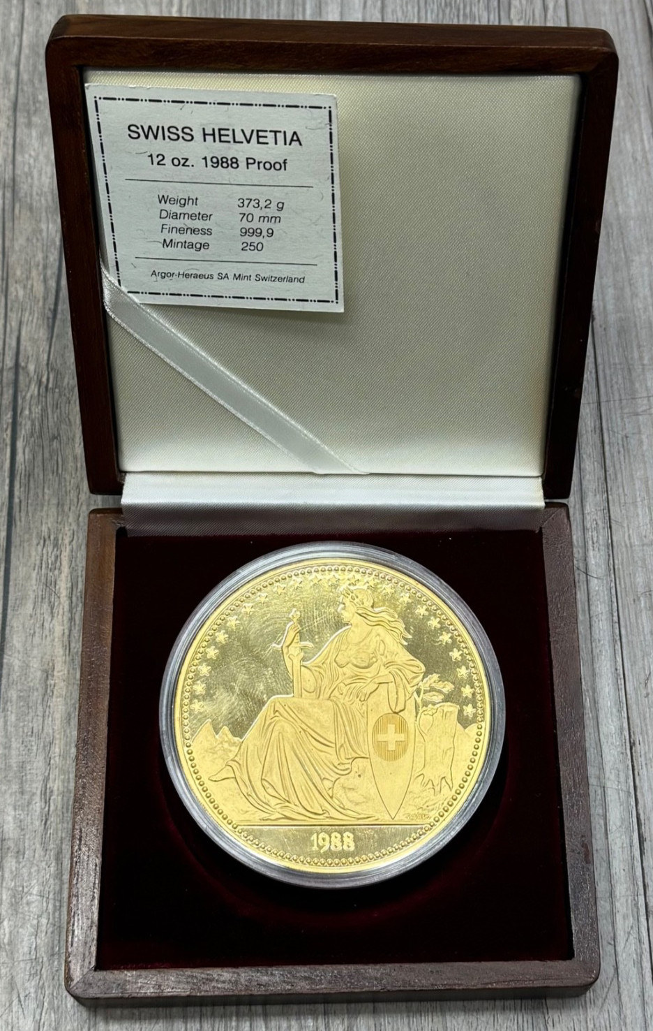 1988 Swiss Helvetia 12ozt. .9999 Gold Lion of Luzern Proof Coin OGP & COA