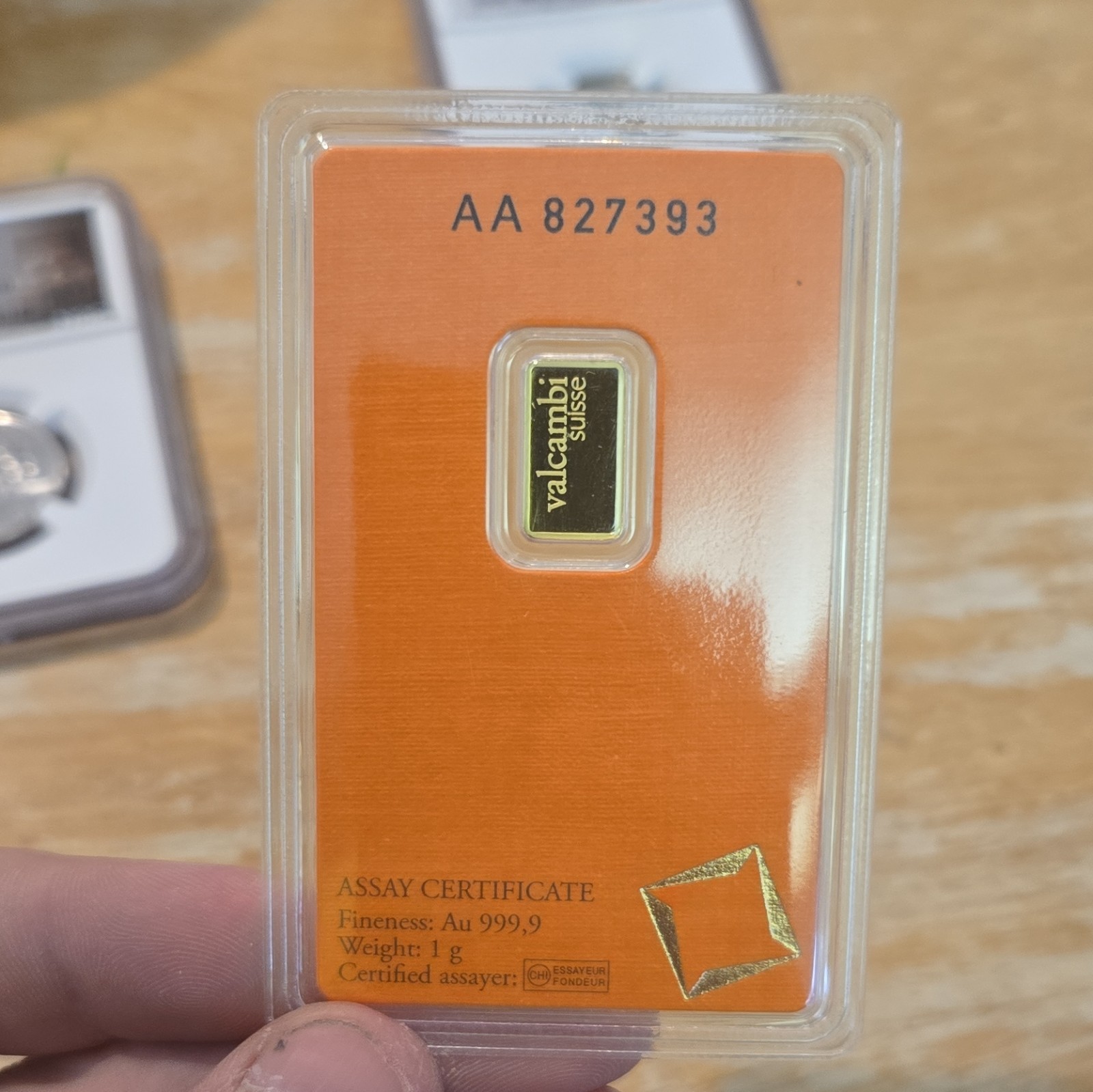 Valcambi Suisse 1g Gold Bar .9999 Fine in Assay Card Serial AA827393