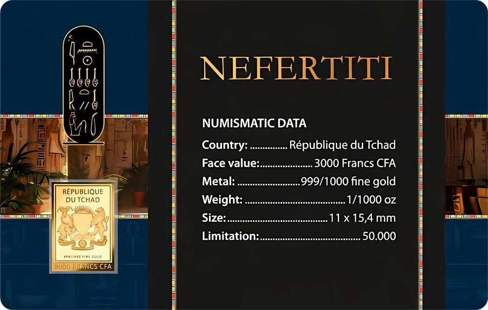 NEFERTITI 1/1000 Oz .999 Gold in Coin card 3000 Francs Chad 2024