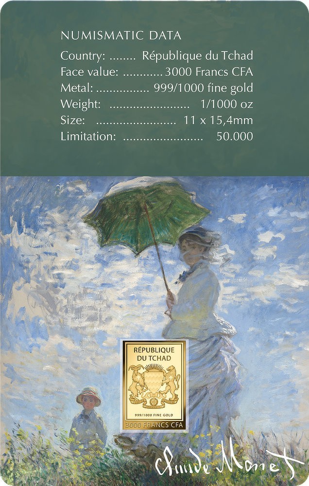 Monet Woman with Parasol 1/1000 Oz Gold Coin 3000 Francs Chad 2024