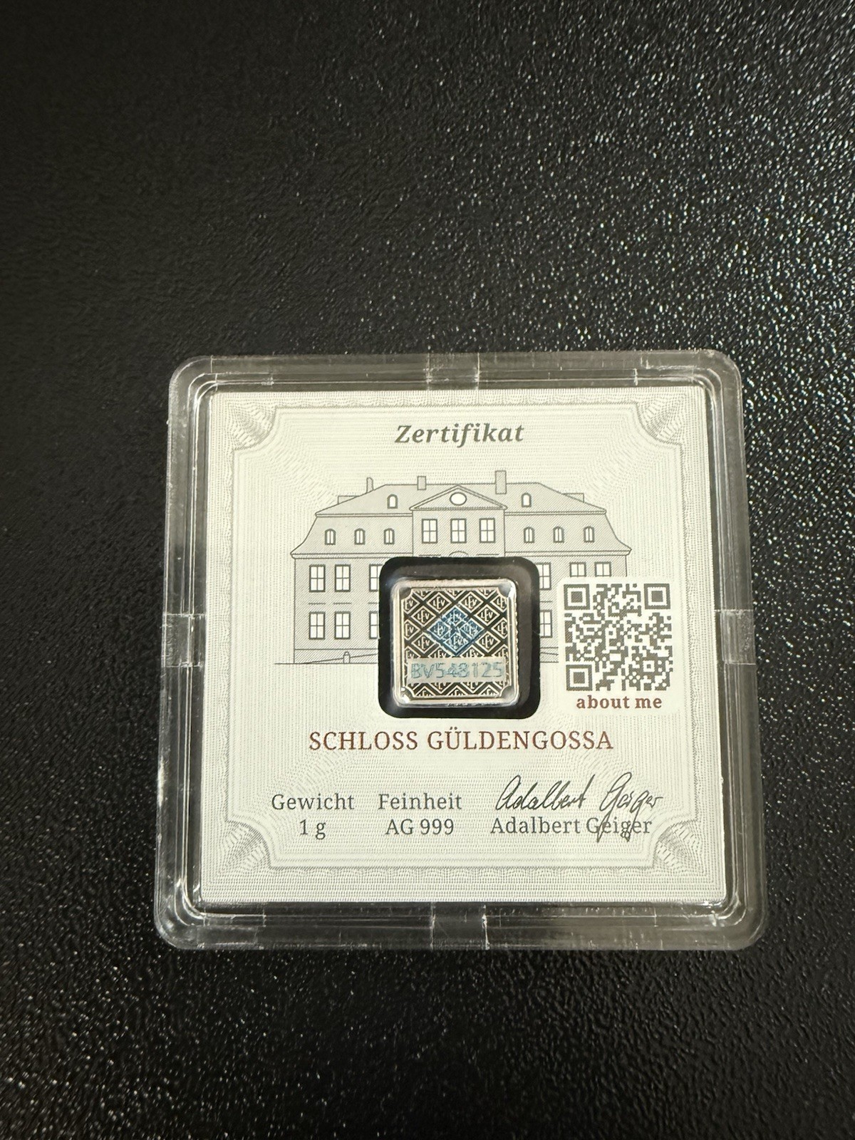 Geiger Original Premium 1 g Silver Bar 0.999 Fine Silver Bullion in Assay Toned