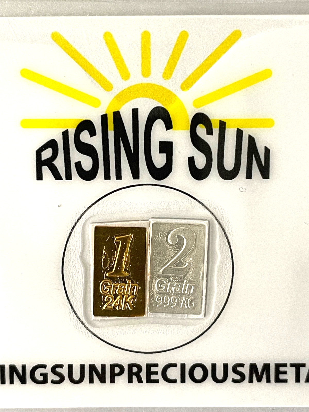 1- 24k Gold Bars & 1- Pure Silver Bar sealed In card Rising Sun Precious Metals