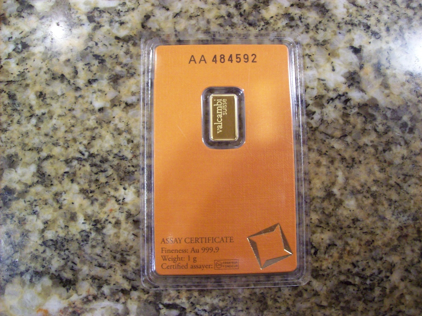 1 GRAM GOLD BAR VALCAMBI SUISSE 999.9 FINE 24K GOLD IN ASSAY CARD #AA 484592