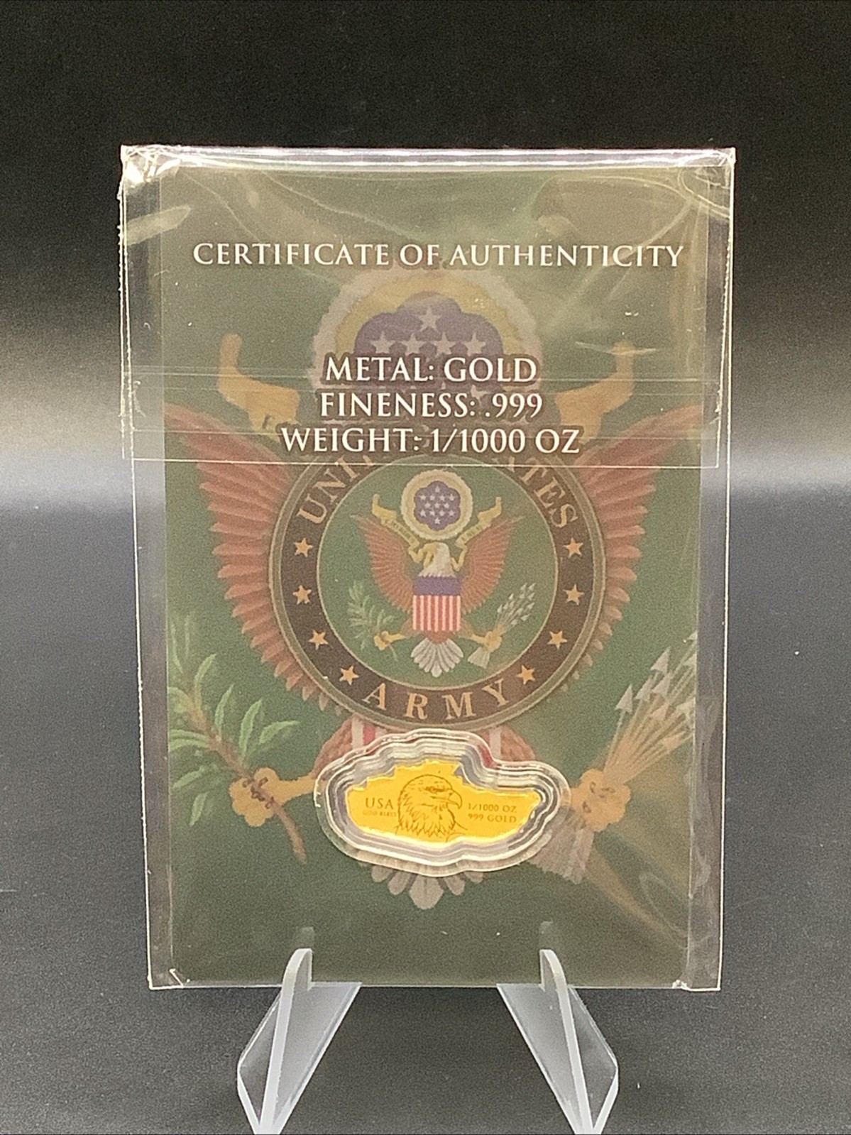 1/1000 oz .999 Gold United States Army Eagle Tank COA Bullion Bar Fractional 24K