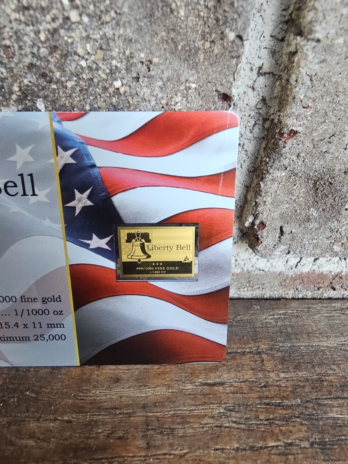 Liberty Bell 1/1000 oz .999 Fine Gold Bar in Display Card, American Flag! Lmt50k
