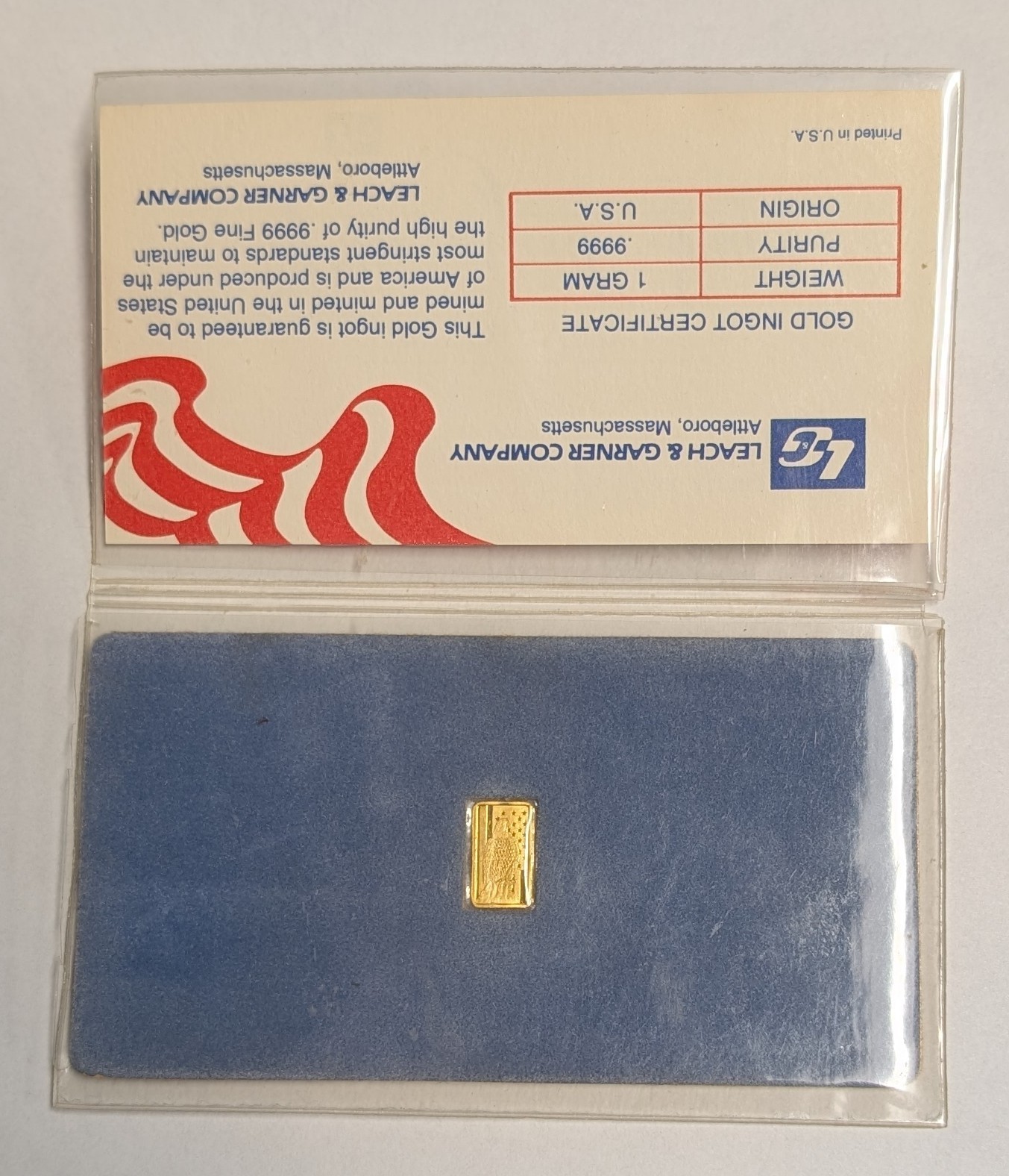RARE 1 Gram .9999 Gold Bar ~ “Spirit of America” by Leach & Garner Attleboro, MA