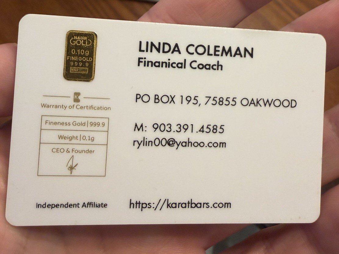 0.1 gram Gold Karatbars Business Card With “Finanical” Error On Card Nadir Gold