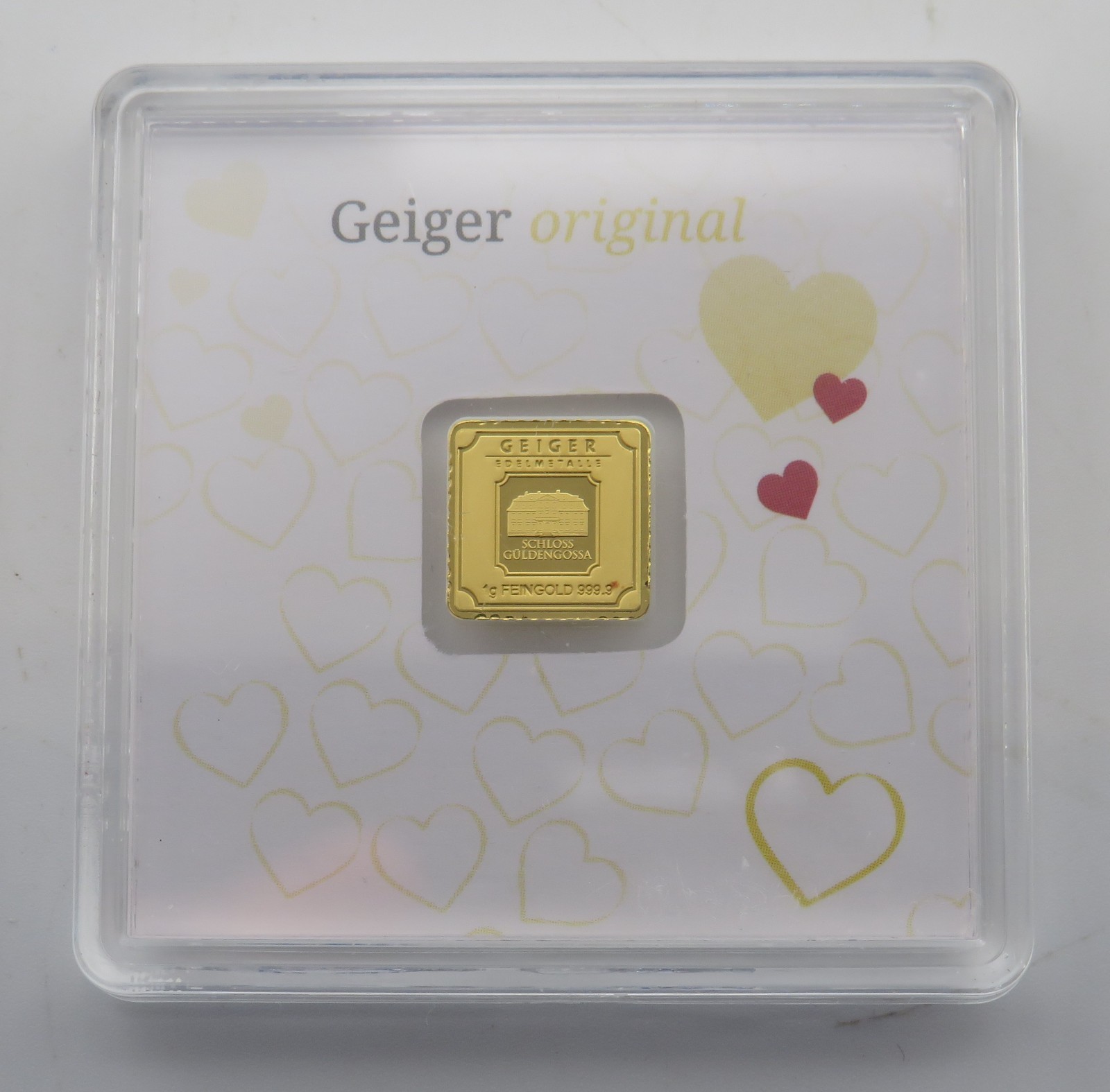 1 Gram 24K Gold Geiger Hearts 999.9 Certified Assay Square Bar C0090663