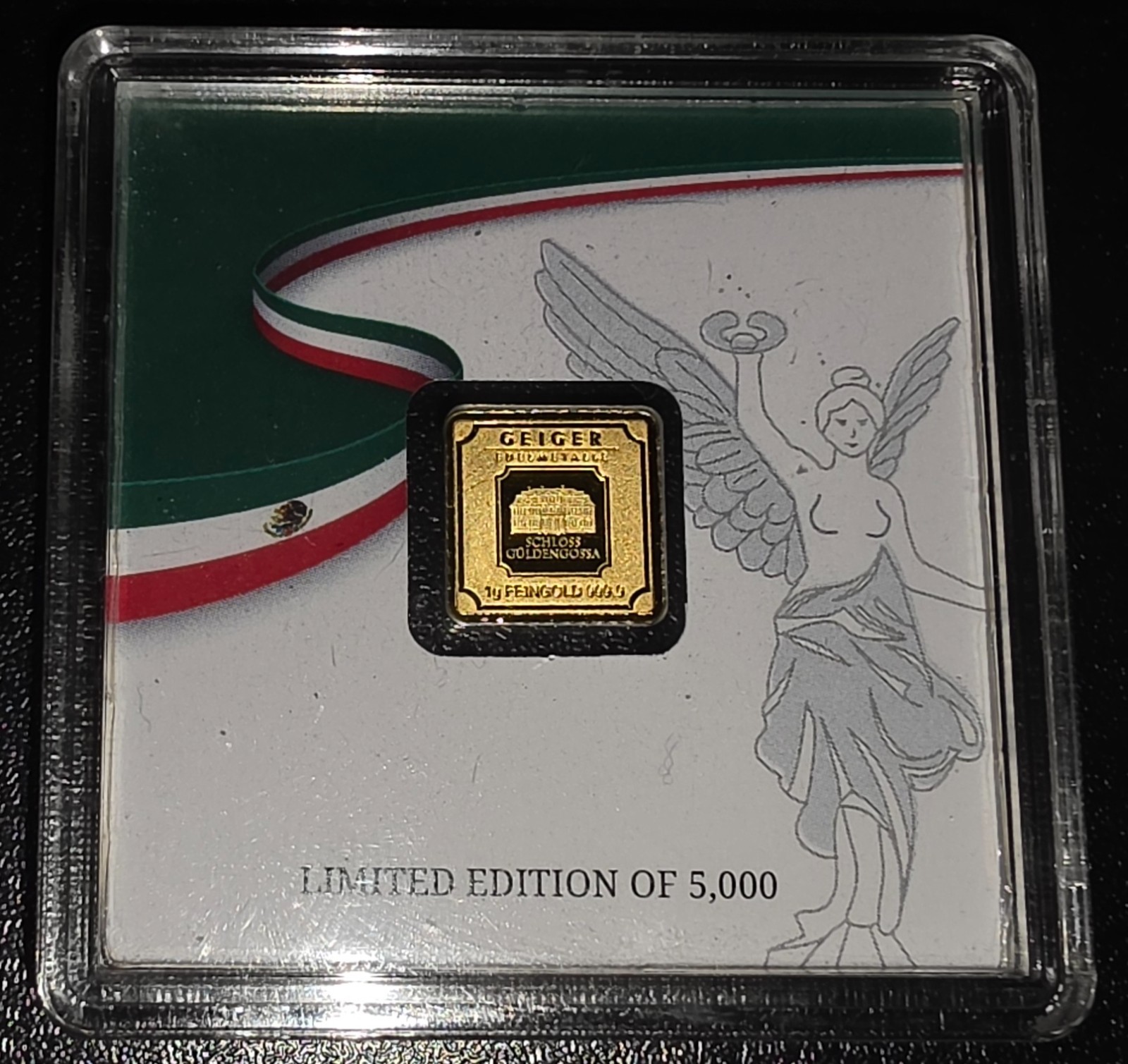 1G Fine Gold Geiger Mexico Flag In Assay – Limited Edition 5k Mintage