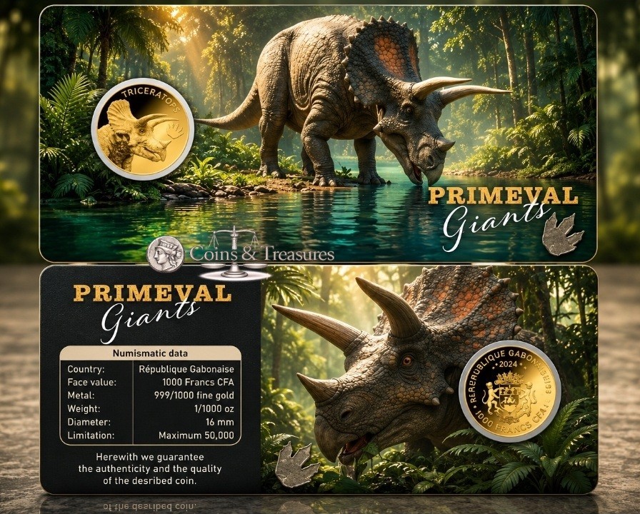 Triceratops Dinosaur Primeval Giants 1/1000 Oz Gold 999 Coin card