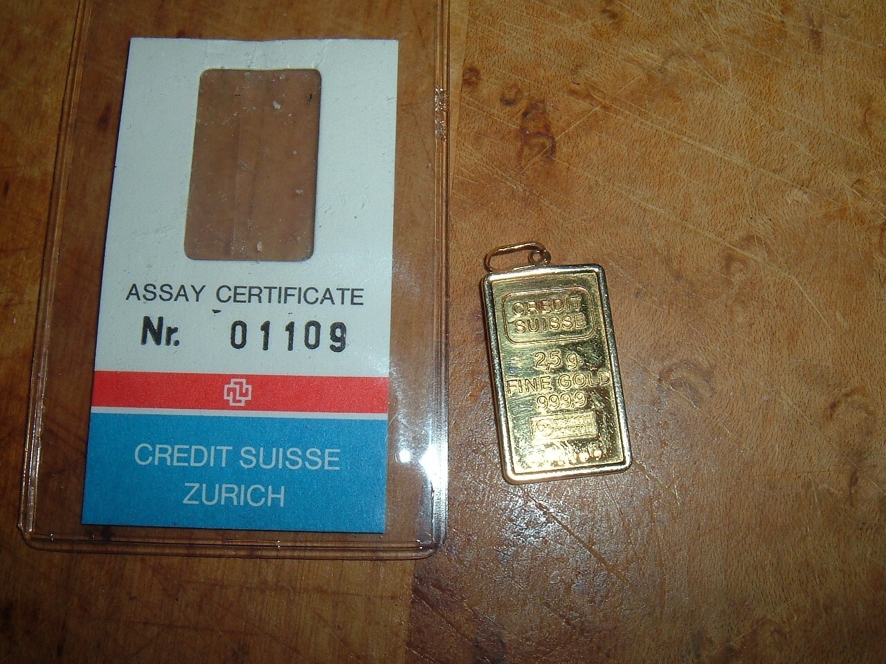 2.5 GRAM CREDIT SUISSE 999.9 GOLD BAR 14K GOLD BEZEL CHARM PENDANT NECKLACE 2.8z